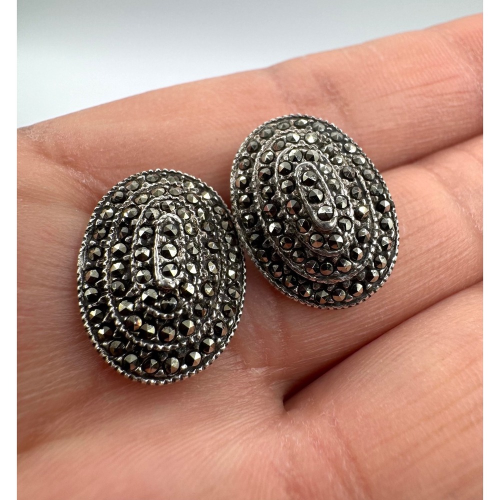 Vintage Sterling Silver Marcasite Oval Stud Earrings 925 Art Deco Style Pavé